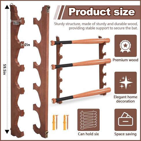 2 Pcs Baseball Bat Wall Mount Display Rack with 6 Holders Horizontal Baseball Bat Holder Wooden Bat Rack with Hidden Holes Screws Anchor for Hockey Stick Memorabilia Collectible Hanger Stand in Saudi Arabia