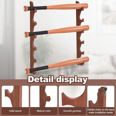 2 Pcs Baseball Bat Wall Mount Display Rack with 6 Holders Horizontal Baseball Bat Holder Wooden Bat Rack with Hidden Holes Screws Anchor for Hockey Stick Memorabilia Collectible Hanger Stand in Saudi Arabia