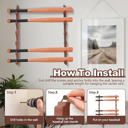 2 Pcs Baseball Bat Wall Mount Display Rack with 6 Holders Horizontal Baseball Bat Holder Wooden Bat Rack with Hidden Holes Screws Anchor for Hockey Stick Memorabilia Collectible Hanger Stand in Saudi Arabia