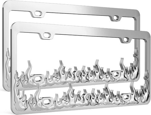 Valor Premium Durable Shine Chrome Car License Plate Frames, Applicable to Standard US License Plate Cover, 4 Holes Rust-Proof Weather-Proof Zinc Alloy Frame with Anti Theft Screw Caps (Silver Flame) in Saudi Arabia