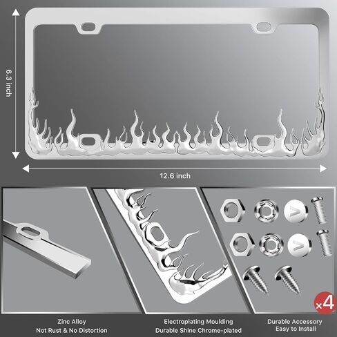 Valor Premium Durable Shine Chrome Car License Plate Frames, Applicable to Standard US License Plate Cover, 4 Holes Rust-Proof Weather-Proof Zinc Alloy Frame with Anti Theft Screw Caps (Silver Flame) in Saudi Arabia