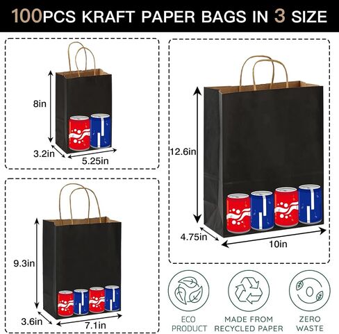 Moretoes 100pcs Brown Paper Bags with Handles Assorted Sizes Mixed Sizes Bulk Kraft Paper Gift Bags Take Out Bags for Business, Merchandise, Shopping, Retail, Favors Grocery in Saudi Arabia