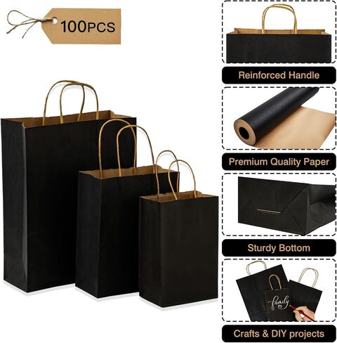 Moretoes 100pcs Brown Paper Bags with Handles Assorted Sizes Mixed Sizes Bulk Kraft Paper Gift Bags Take Out Bags for Business, Merchandise, Shopping, Retail, Favors Grocery in Saudi Arabia