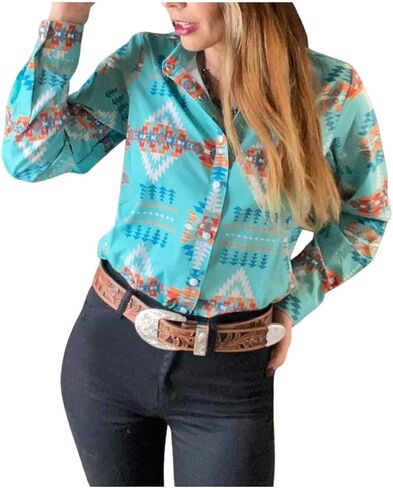 Women's Retro Aztec Shirt Western Cowgirl Pearl Snap Blouses Button Up Long Sleeve Ethnic Printed Top in Saudi Arabia