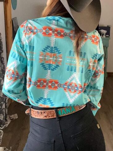 Women's Retro Aztec Shirt Western Cowgirl Pearl Snap Blouses Button Up Long Sleeve Ethnic Printed Top in Saudi Arabia