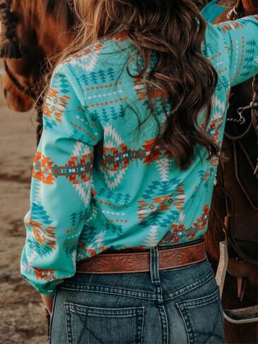 Women's Retro Aztec Shirt Western Cowgirl Pearl Snap Blouses Button Up Long Sleeve Ethnic Printed Top in Saudi Arabia