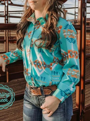 Women's Retro Aztec Shirt Western Cowgirl Pearl Snap Blouses Button Up Long Sleeve Ethnic Printed Top in Saudi Arabia