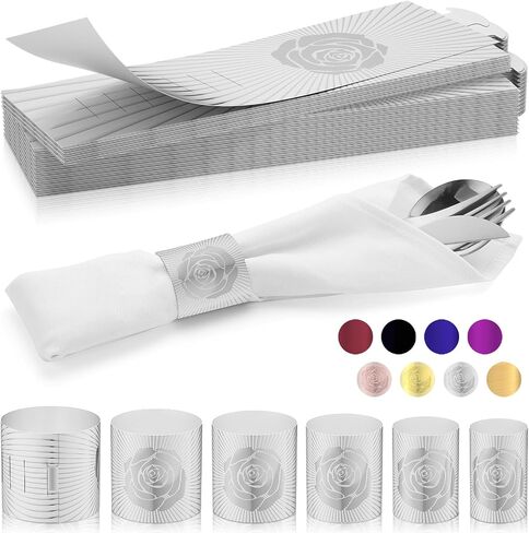 Polymer Material Reusable Napkin Band, Glue-Free Tear-Proof Water Resistant Oil-Proof Napkin Bands Set of 50(Front Gold Color and Back Silver), 6 Adjustable Sizes Napkin Rings in Saudi Arabia