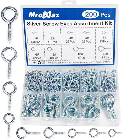 MroMax 200Pcs Screw Eyes Assortment Kit, 0.73" 0.77" 0.90" 1" 1.09" 1.18" 1.39" 1.58" 1.81" Silver Zinc Plated Eyelet Screws, Silver Metal Small Tapping Screw Hooks Ring for Wood Hanging Artwork in Saudi Arabia