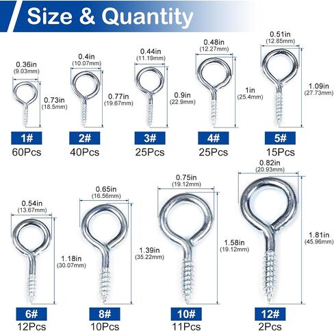 MroMax 200Pcs Screw Eyes Assortment Kit, 0.73" 0.77" 0.90" 1" 1.09" 1.18" 1.39" 1.58" 1.81" Silver Zinc Plated Eyelet Screws, Silver Metal Small Tapping Screw Hooks Ring for Wood Hanging Artwork in Saudi Arabia