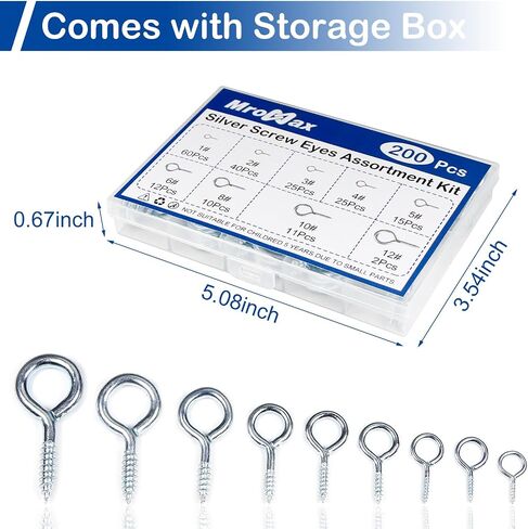 MroMax 200Pcs Screw Eyes Assortment Kit, 0.73" 0.77" 0.90" 1" 1.09" 1.18" 1.39" 1.58" 1.81" Silver Zinc Plated Eyelet Screws, Silver Metal Small Tapping Screw Hooks Ring for Wood Hanging Artwork in Saudi Arabia