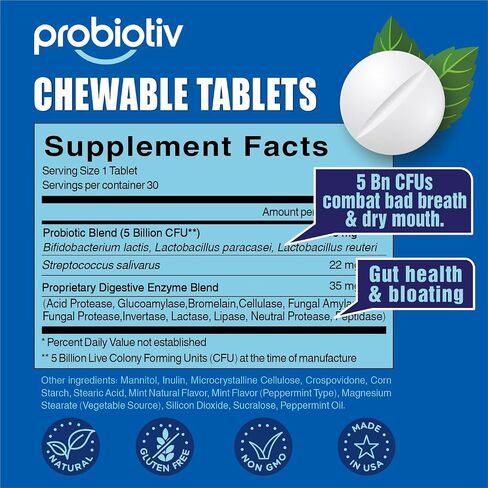 Oral Probiotics for Mouth Bad Breath 5 Billion CFU – Chewable Dental Probiotic for Teeth and Gums & Fresh Breath, Combats Dry Mouth, Halitosis & Supports Gut Health (30 Count (Pack of 1)) in Kuwait