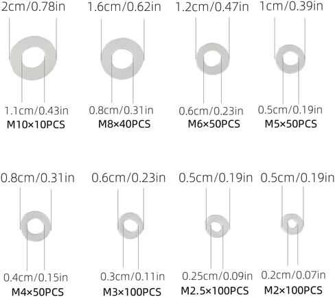 500 Pieces Nylon Flat Washer Assortment Set, Nylon Flat Washers for Screws Bolts,8 Sizes - M2, M2.5, M3, M4, M5, M6, M8, M10 (White) in Saudi Arabia