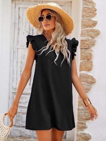 Verdusa Women's Ruffle Cap Sleeve Knot Backless V Neck Mini Tunic Dress in Saudi Arabia
