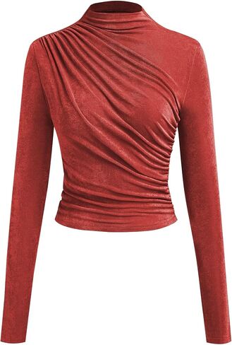 ZAFUL Womens 2024 Fall Long Sleeve Ruched Tops Mock Neck Trendy Blouses Casual Tight Shirts in Saudi Arabia