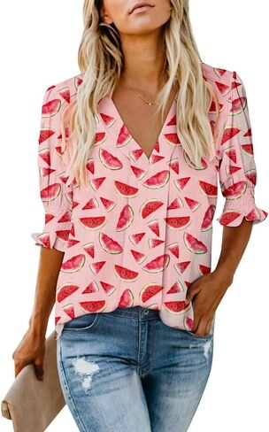 Women's Dressy Smocked Sleeve Deep V Neck Halloween Jack o Lantern Pumpkin Blouses in Kuwait