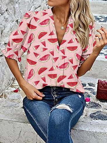 Women's Dressy Smocked Sleeve Deep V Neck Halloween Jack o Lantern Pumpkin Blouses in Kuwait