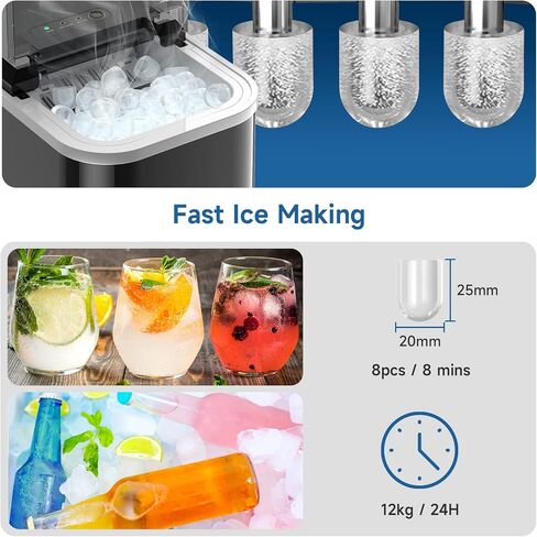 Ice Maker Countertop, LED Display Portable Ice Maker Machine with Handle, 26.5lbs/24Hrs, 8 Cubes in 6-9 Mins, Self-Cleaning Ice Makers with Ice Scoop and Basket for Home, Kitchen, Office, Bar in Saudi Arabia