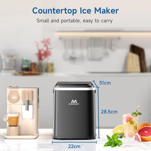 Ice Maker Countertop, LED Display Portable Ice Maker Machine with Handle, 26.5lbs/24Hrs, 8 Cubes in 6-9 Mins, Self-Cleaning Ice Makers with Ice Scoop and Basket for Home, Kitchen, Office, Bar in Saudi Arabia