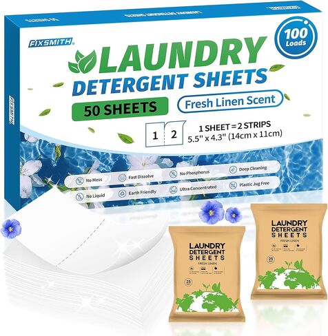 FIXSMITH Laundry Detergent Sheets - 200 Loads (100 Sheets) Fresh Linen Scent - Hypoallergenic,Eco Friendly Laundry Detergent Strips Ultra-Concentrated Travel Detergent Sheets.Plastic-Free,Liquidless in Saudi Arabia