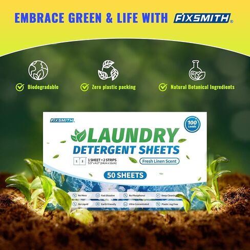 FIXSMITH Laundry Detergent Sheets - 200 Loads (100 Sheets) Fresh Linen Scent - Hypoallergenic,Eco Friendly Laundry Detergent Strips Ultra-Concentrated Travel Detergent Sheets.Plastic-Free,Liquidless in Saudi Arabia