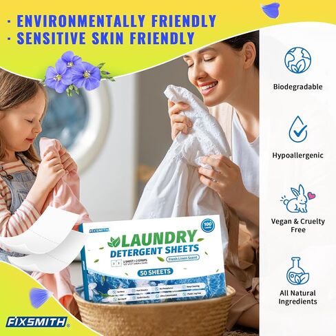 FIXSMITH Laundry Detergent Sheets - 200 Loads (100 Sheets) Fresh Linen Scent - Hypoallergenic,Eco Friendly Laundry Detergent Strips Ultra-Concentrated Travel Detergent Sheets.Plastic-Free,Liquidless in Saudi Arabia