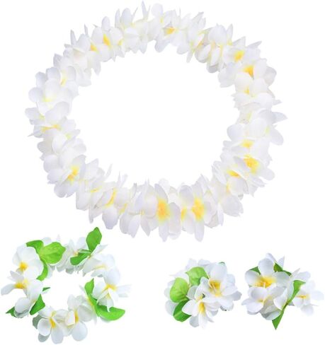 4 Pcs Hawaiian Party Flower Leis Tropical Necklace Headband Bracelets Island Theme Party Necklace Beach Dance Leis for Holiday Decorations Orange in Saudi Arabia