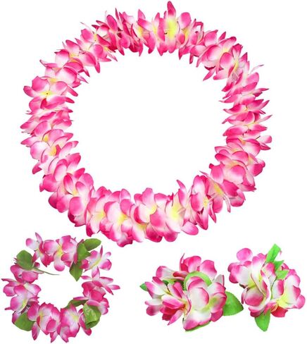 4 Pcs Hawaiian Party Flower Leis Tropical Necklace Headband Bracelets Island Theme Party Necklace Beach Dance Leis for Holiday Decorations Orange in Saudi Arabia
