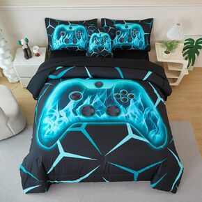 Game Controller Comforter Set for Boys Twin Size 6 Pcs Black Blue Games Bedding Set for Kids Classic Bright Geometric Stereoscopic Teens Gaming Bed in A Bag