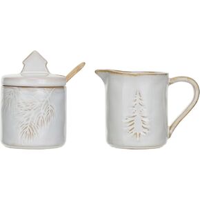 Creative Co-Op Tree Debossed Stoneware Creamer and Sugar Pot Set, White, Set of 3