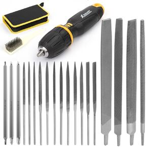 XDOVET 22Pcs Metal Files Set - Needle Small Files 12 Pcs with Carry Case, Flat File/Triangle File/Half-Round File/Round File, Screwdriver Heads 3 Pcs, a Brush, a Rubber Handle, for Wood Metal Carving
