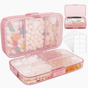 FYY Weekly Pill Organizer with Labels,8 Compartments Travel Daily Pill Case Airtight Large Pill Box for Purse Pocket to Hold Vitamins, Fish Oil, Supplements,Cotton Swab and Bandages-Pink