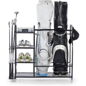 A11N SPORTS Finchley Large Capacity Golf Bag Organizer for Garage – Easy Move Golf Bag Stand Holds 2 Bags, 12 Clubs, 3 Pairs of Shoes, Golf Storage Rack with Extra Shelves for Home or Garage