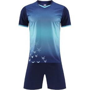 Kids Jersey Soccer Knit Set - 100% Polyester Quick Dry 1/4 Sleeve T-shirt, V-neck Gradient Mesh Soccer Set
