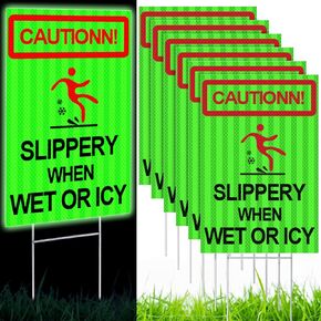 6 Pcs Caution Slippery When Wet or Icy Sign Reflective 8 x 12 Double Sided Wet Floor Sign Caution Ice Sign with Stakes Warning Signs for Street Lawn Yard Road Visual Signal(Yellow)