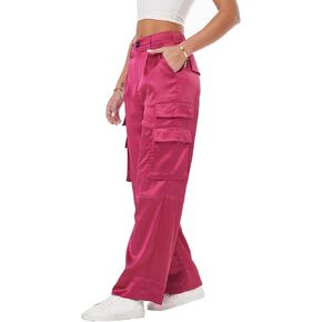 Women's Wide Leg Cargo Pants Satin Silky Casual High Waist Y2K Baggy Cargo Pants Combat Military Trouser