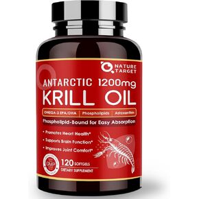 Krill Oil 1200mg with Omega-3 EPA & DHA with Astaxanthin, Phospholipids & Choline - Supports Heart, Brain, Joint Health, Non-GMO, Gluten Free, 120 Softgels (60 Servings)