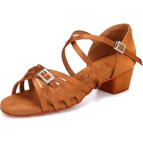 Girls Latin Dance Shoes Tan Low Heel Ballroom Tango Salsa Performance Practice Dancing Shoes