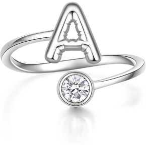 JLYY White Gold Plating Bubble Letter Ring S925 Sterling Silver Adjustable Balloon Initial Letter Open Ring Finger Ring for Women Gift Jewelry