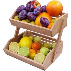 PALM NAKI® Bamboo Fruit Basket 2-Tier - Sturdy & Attractive Space-Saving Fruit Stand Design, Easy Assembly, Enhanced Air Circulation, Fruit Storage (Natural Bamboo)