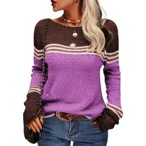 Danedvi Women Autumn Winter Colorblock Pullover Sweaters Round Neck Striped Slim Fitting Knitwear Tops