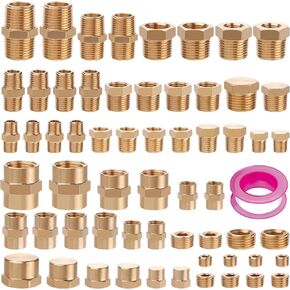 60pcs Brass Pipe Fittings Assortment Kit,Reducer Bushing,Hex Nipple,Reducing Hex Coupling,Hex Heand Plug,End Cap and Socket Plug Fitting Kit