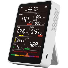 Professional Indoor Air Quality Monitor with 9AQI+7 AQI Alert Buzzers PM2.5/PM10/CO2/Temperature/Formaldehyde Detector/Humidity TVOC/Time Display for Home Car Office School Portable Air Quality Tester