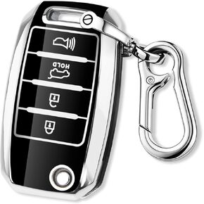 QBUC for Kia Key Fob Cover with Keychain Chrome Silver Trim Soft TPU Protection Case Compatible with Kia Rio Optima Soul Sportage Sorento Carens 4 Button（Purple）