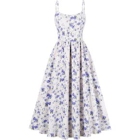 Women Floral Corset Dress Low Cut Spaghetti Straps Summer Dresses Boho Flowy Midi Dress Casual Sundress