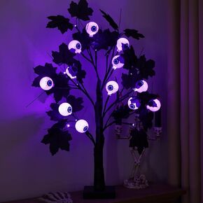 Halloween 24IN LED Lighted Orange Black Spooky Tree Lamp, Battery/USB Operated, Halloween LED Black Tree Lamp with Artificial Marigold Flowers for Indoor Table Bedroom Centerpiece Decor