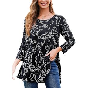 Tunic Tops for Women Plus Size 3/4 Sleeve Crew Neck Swing Flare Loose T-Shirt Blouses to Wear with Leggings