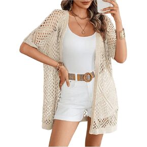 Verdusa Women's Hollow Out Half Sleeve Open Front Sheer Knit Long Cardigan Sweater