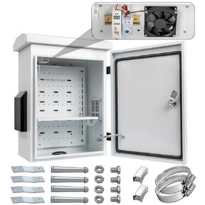 Outdoor Electrical Box with Thermostat and Fan, Cold-Rolled Steel Plate, Aluminum Alloy Back Beam, One-Piece Ventilation Design, IP65 Waterproof, Wall/Pole Mounted. (17.8" x 14" x 7.9")
