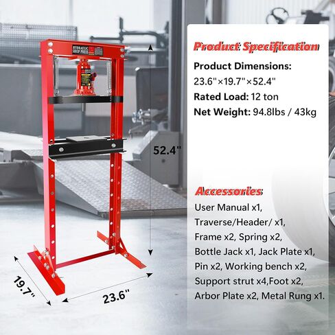 Hydraulic Shop Press,12 Ton H-Frame Garage Floor Adjustable Shop Bearing Press with Stamping Plates to Bend, Straighten, Or Press Parts, Install Bearings & U-Joints in Saudi Arabia